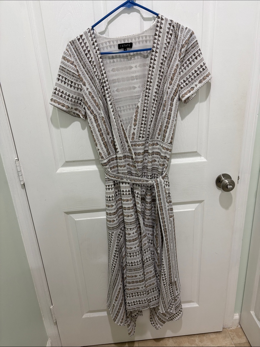 1. State Cream & Brown Geometric Wrap Midi Dress